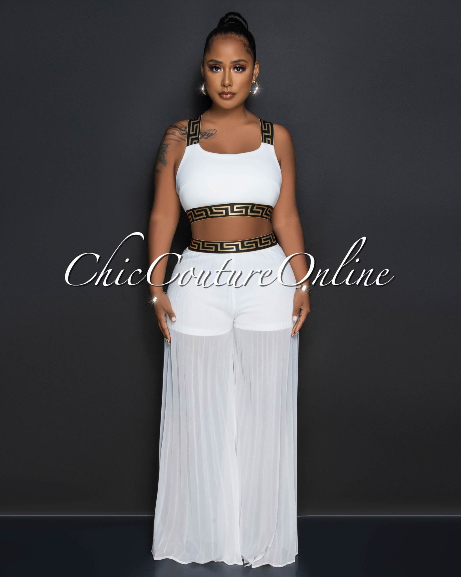 Rucina Off-White Black Gold Fret Trim Top & Pleated Pants Set