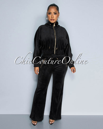 Taylor Black Gold Zipper Sweater & Pants Velvet Set