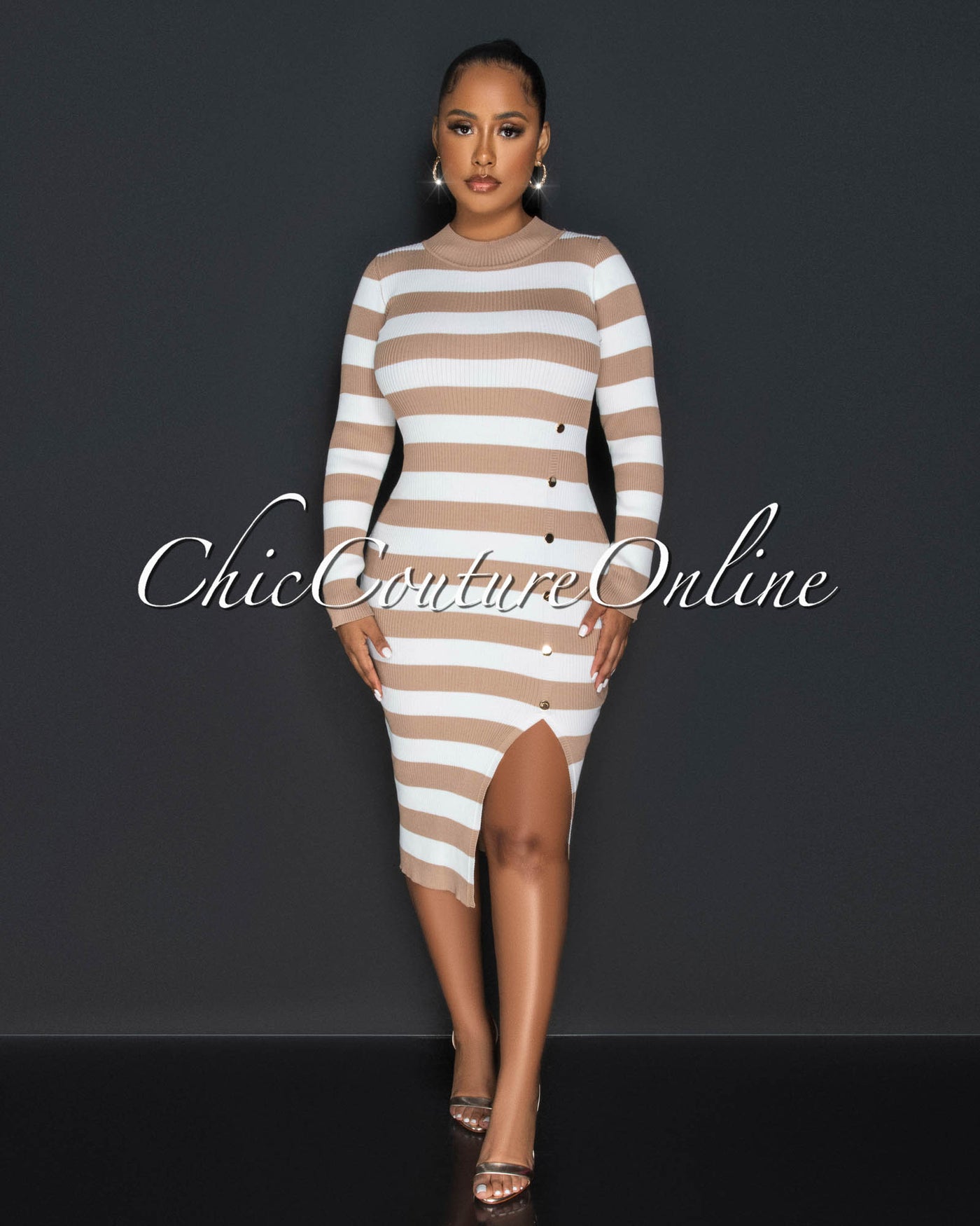 Jarrett Nude White Stripes Gold Snaps Knit Midi Dress