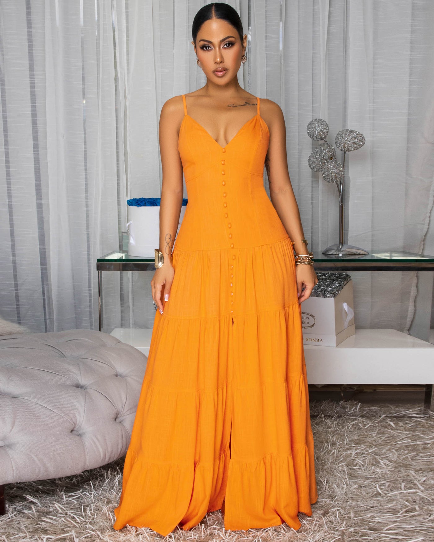 Elyna Tangerine Linen Tiered Maxi Dress