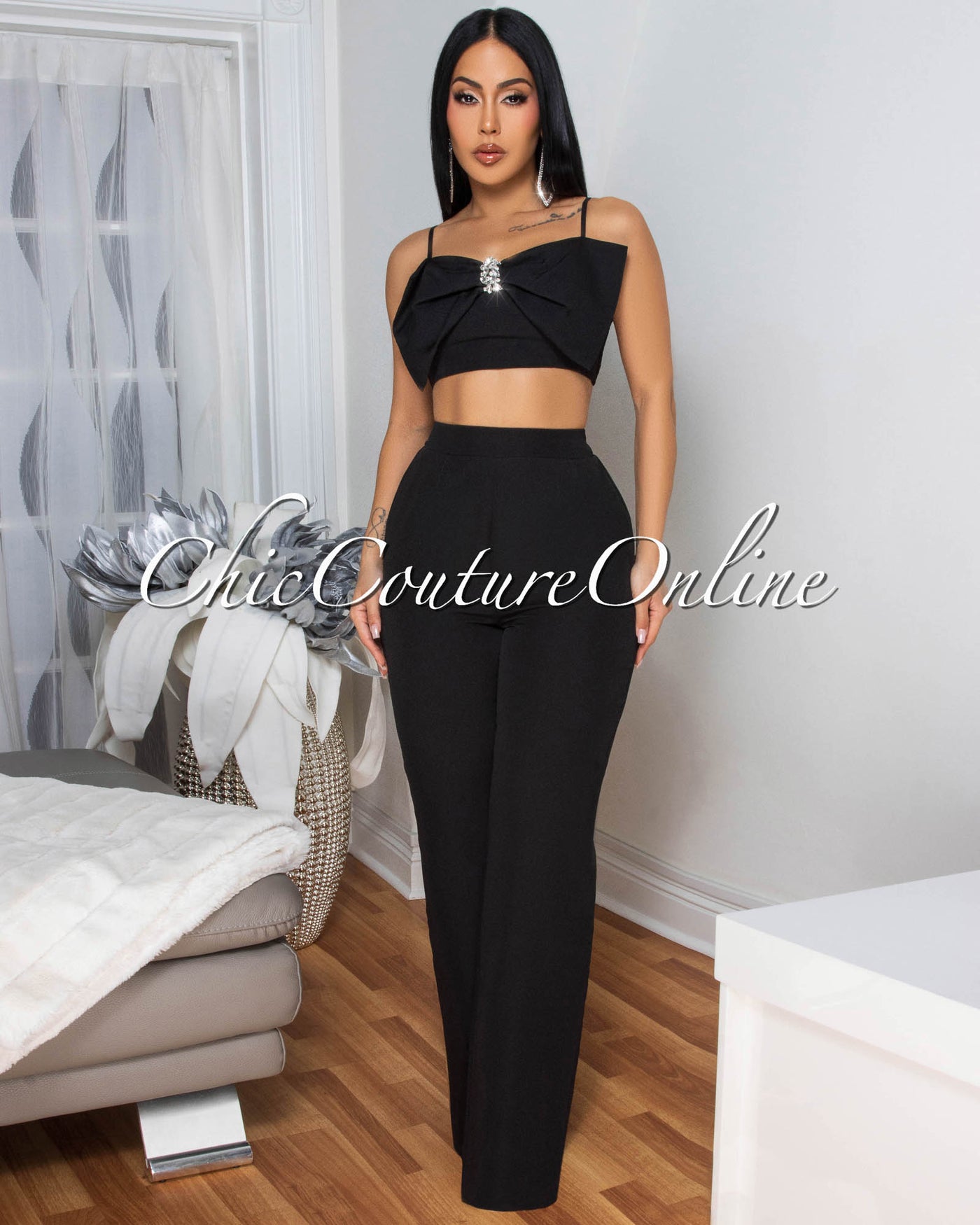 Jeannie Black Crop Top Pants Set