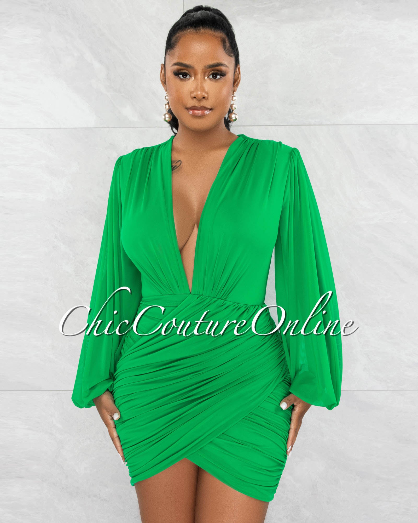 *Stephen Green Deep-V Mesh Ruched Dress