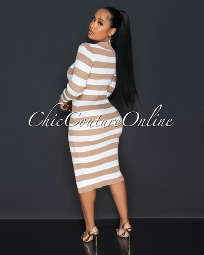 Jarrett Nude White Stripes Gold Snaps Knit Midi Dress