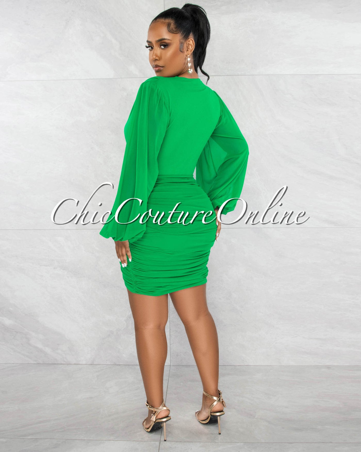 Stephen Green Deep-V Mesh Ruched Dress