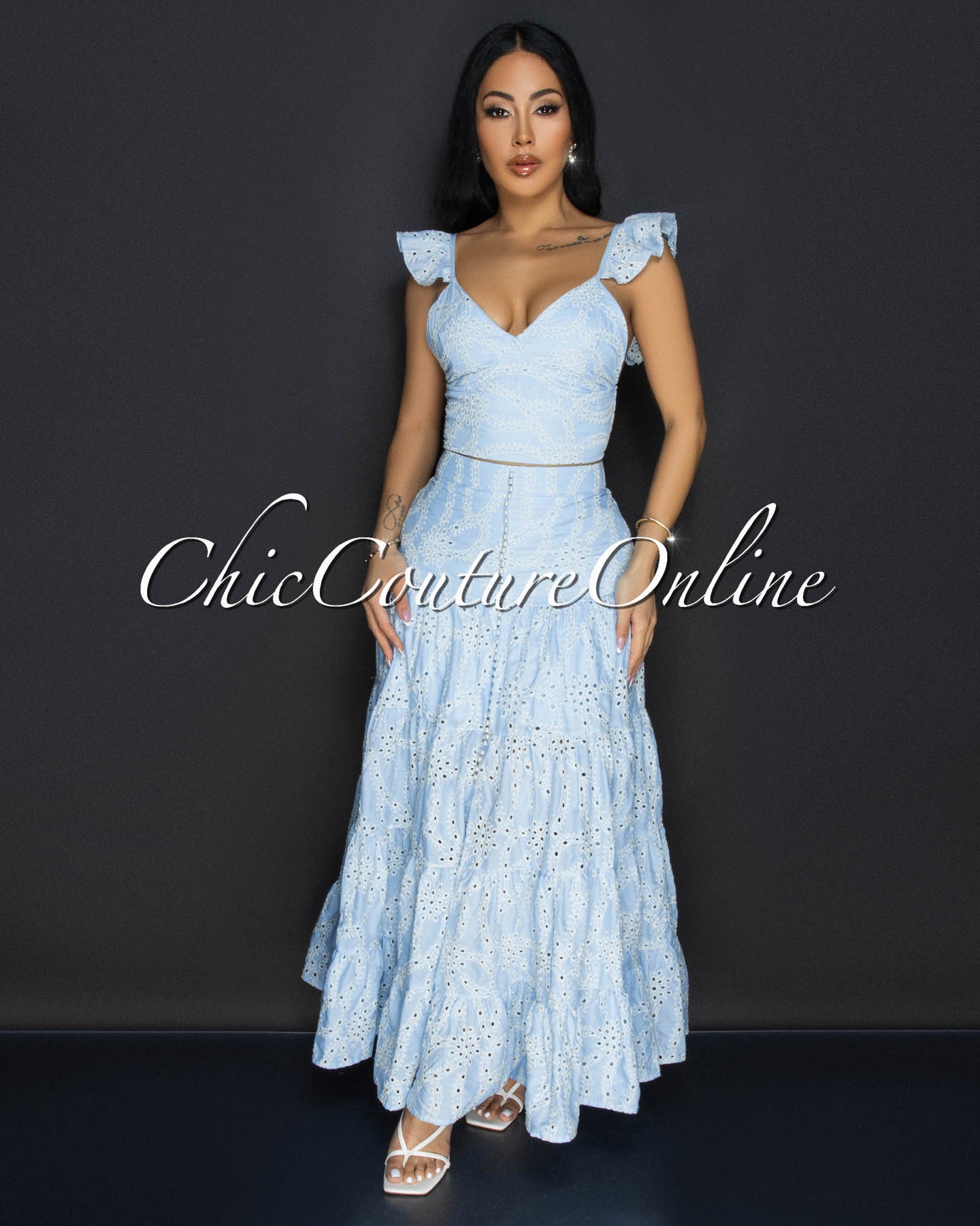 Bona Baby Blue Eyelet Ruffle Top & Skirt Two Piece Set