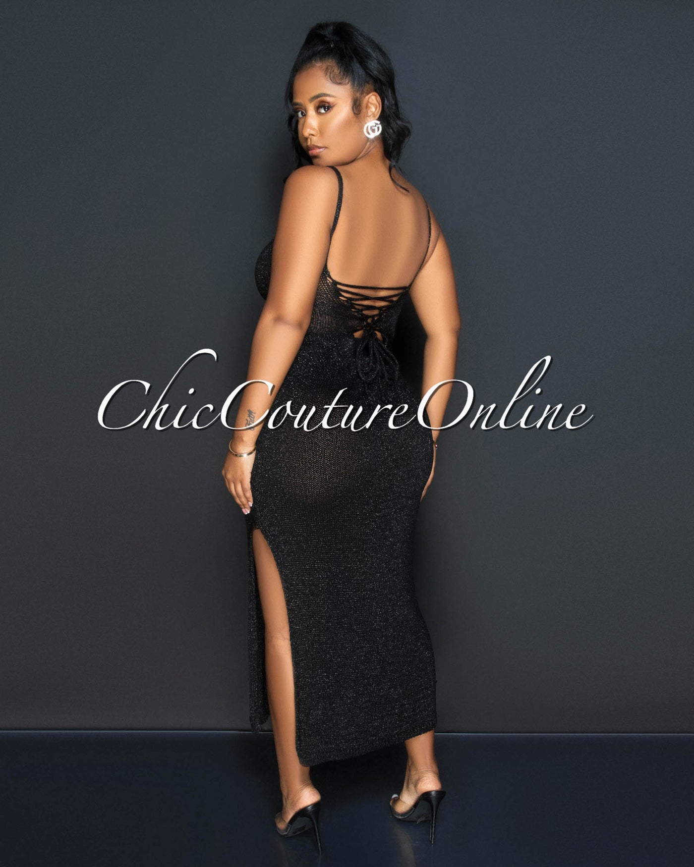 Deany Black Shimmer Lace-Up Back Crochet Maxi Dress