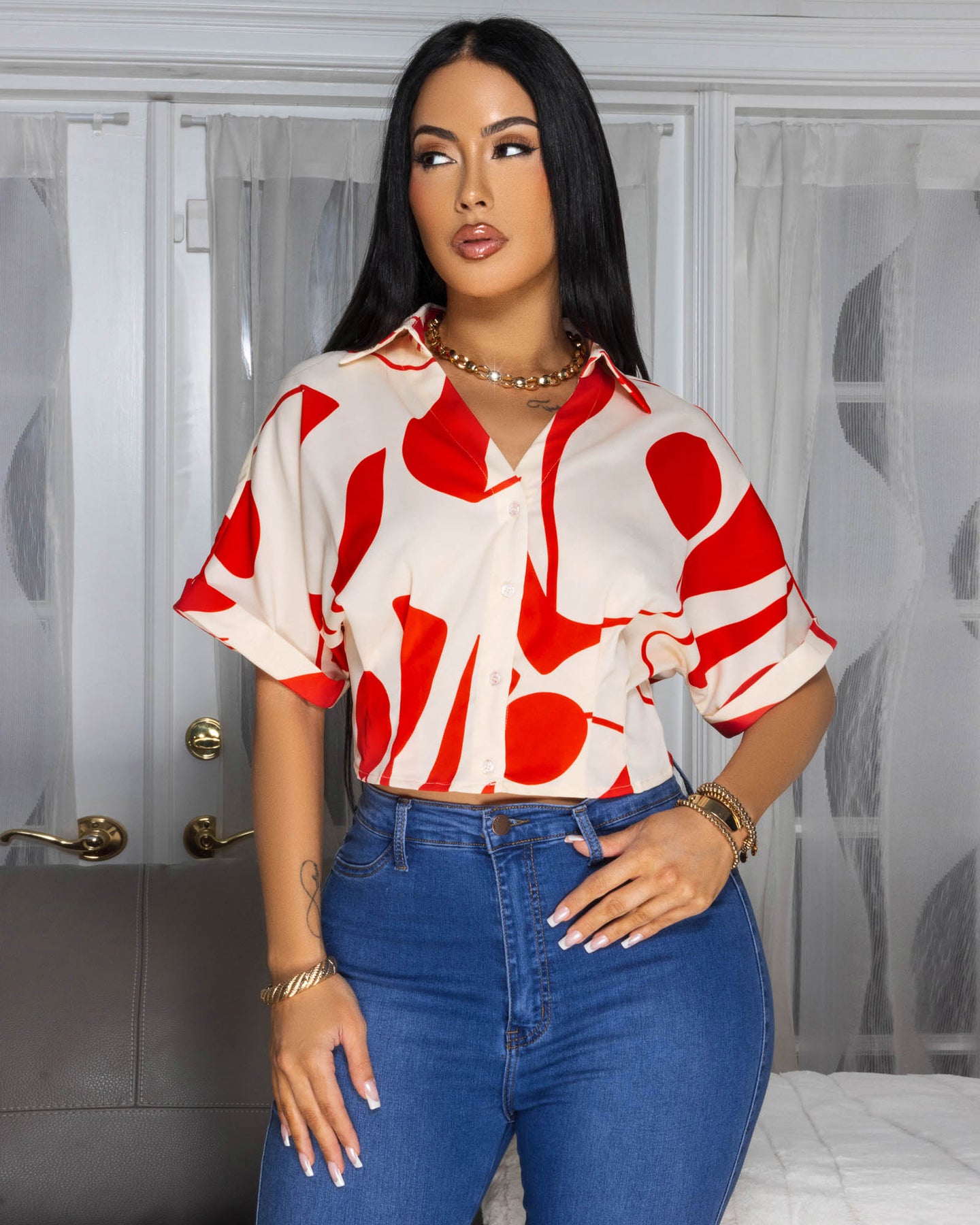 Marzia Red Off-White Print Crop Top