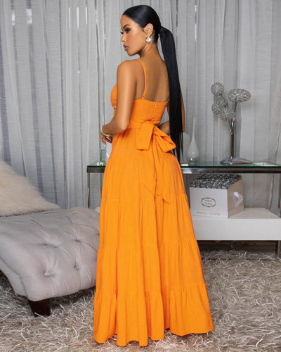 Elyna Tangerine Linen Tiered Maxi Dress