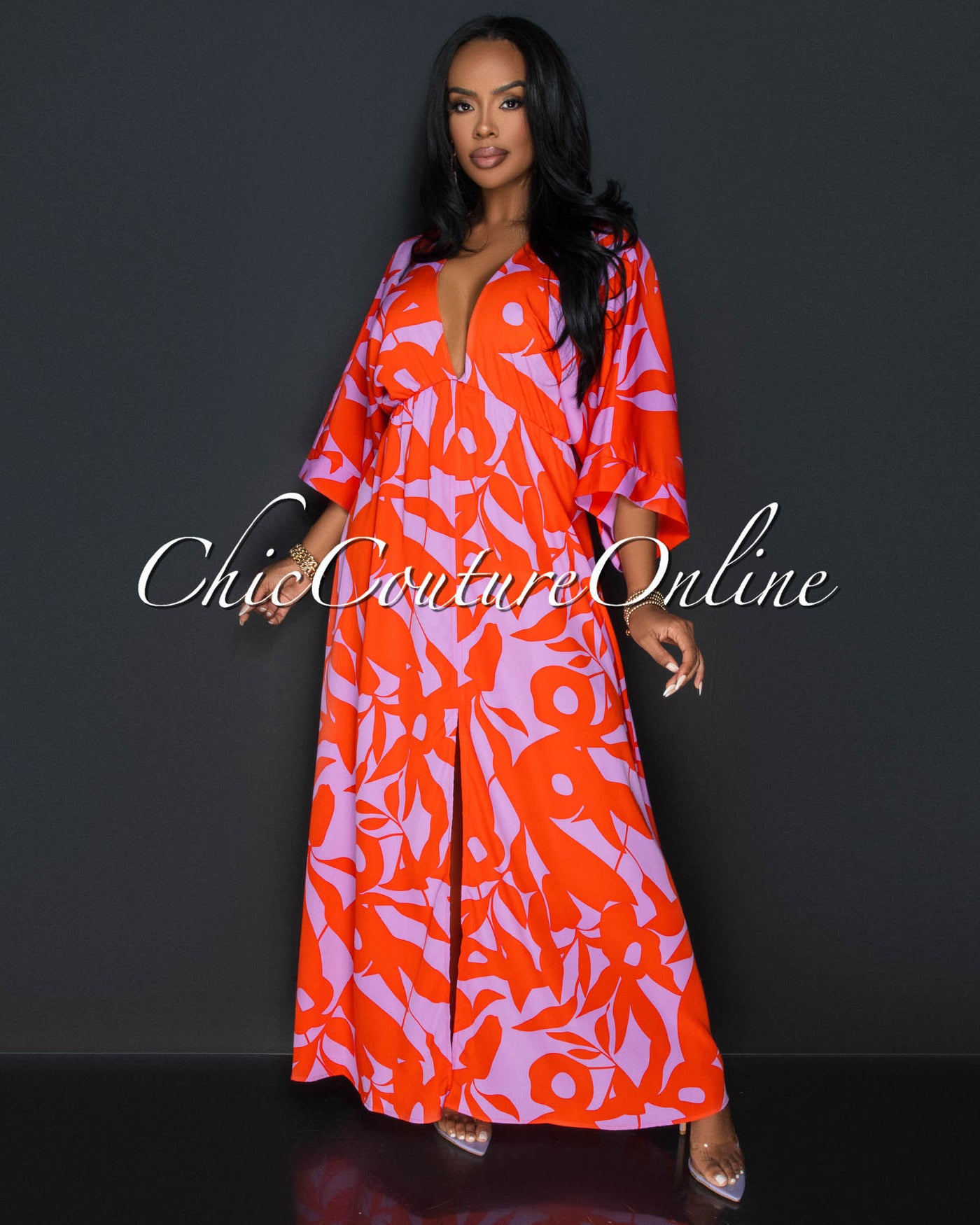 Odele Orange Lilac Wide Sleeve Maxi Dress