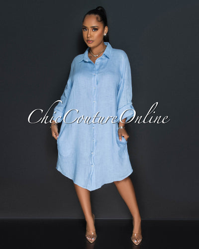 Cheyenne Baby Blue Front Buttons Shirt LINEN Midi Dress