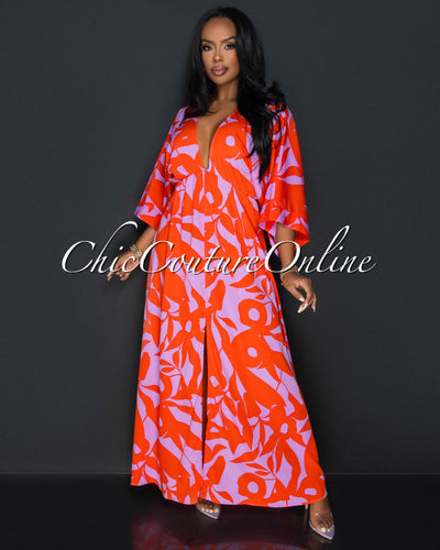 Odele Orange Lilac Wide Sleeve Maxi Dress