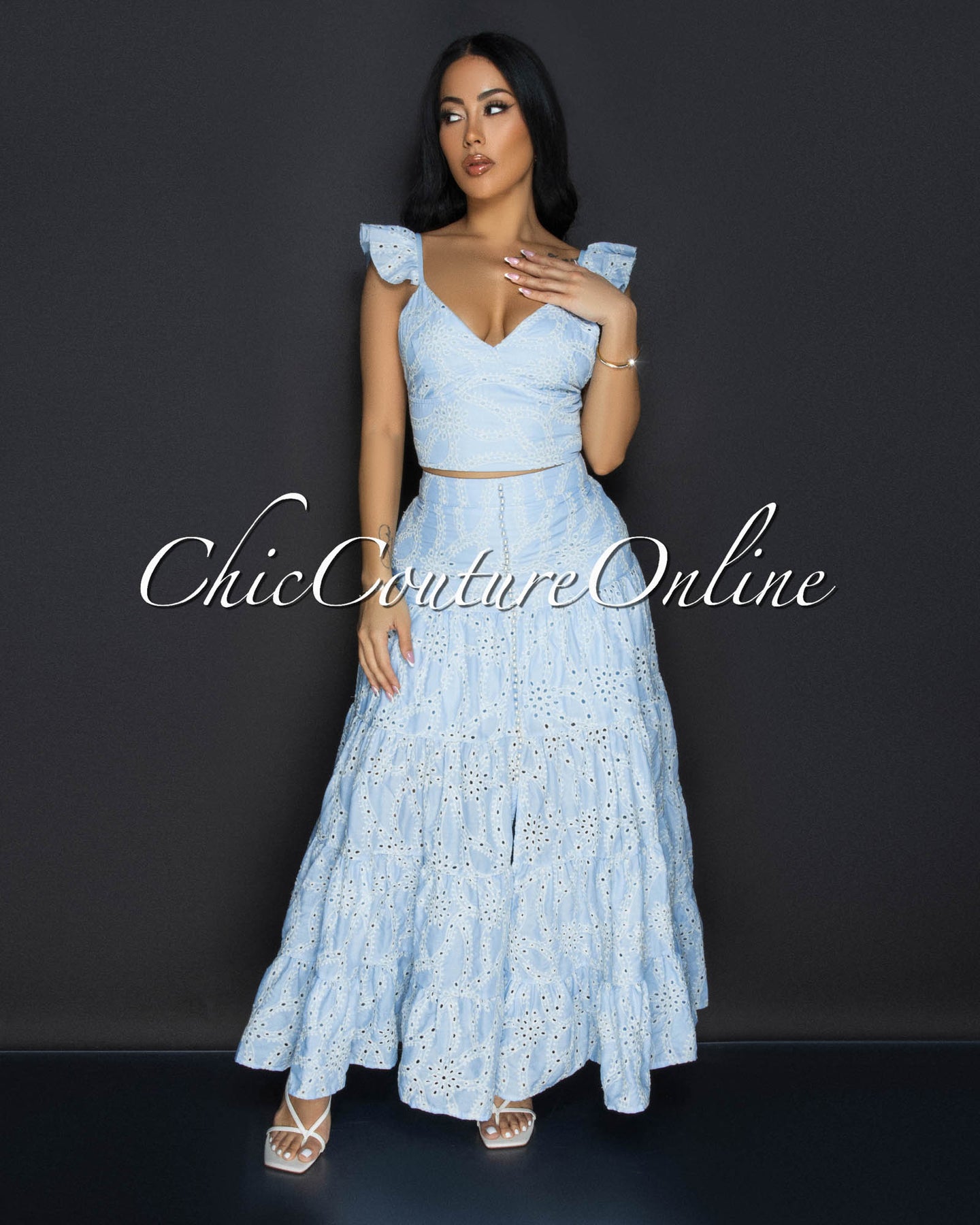 Bona Baby Blue Eyelet Ruffle Top & Skirt Two Piece Set