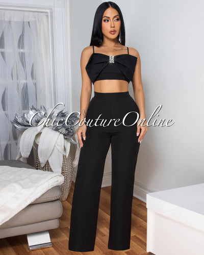 Jeannie Black Crop Top Pants Set