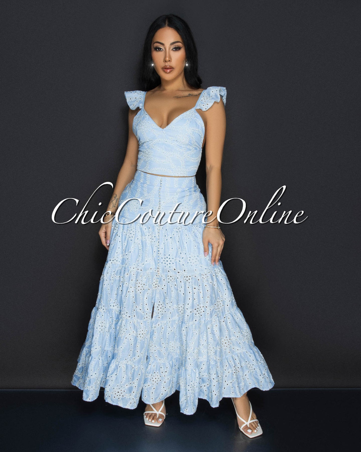 Bona Baby Blue Eyelet Ruffle Top & Skirt Two Piece Set
