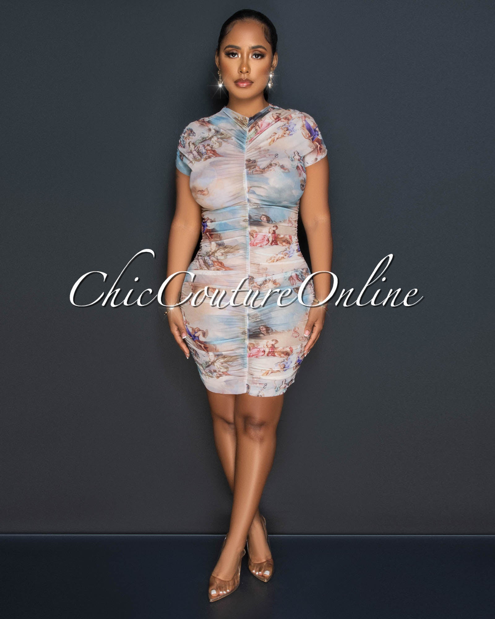 *Vanesa Nude Multi-Color Print Ruched Mesh Sheer Dress