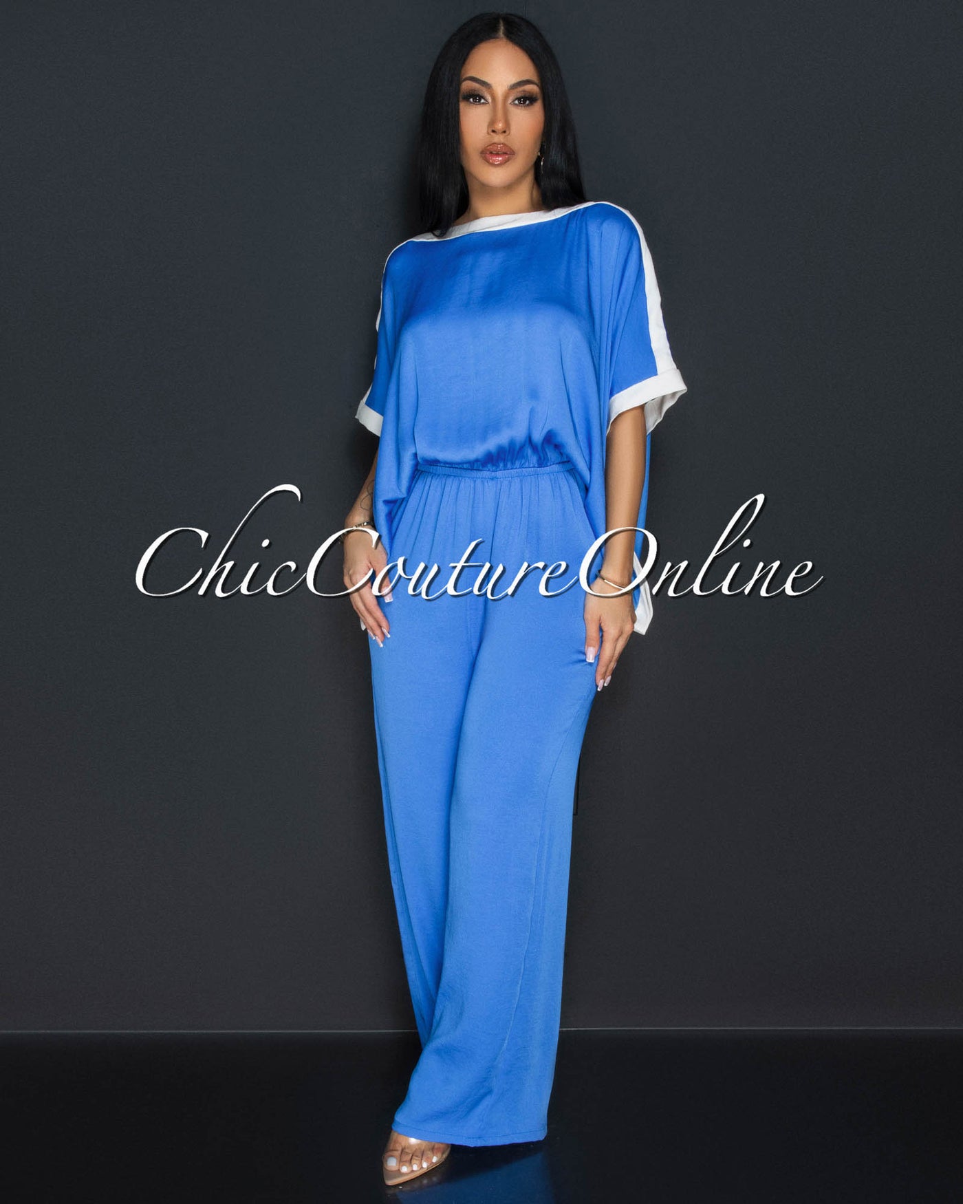 Vedette Blue Off-White Wide Sleeves & Legs Jumpsuit