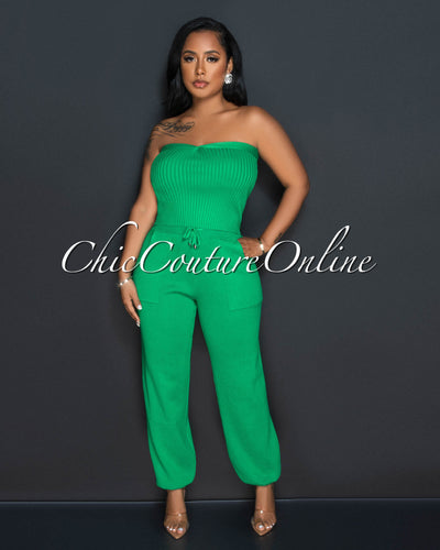 Odeth Green Strapless Crop Top & Knit Joggers Set