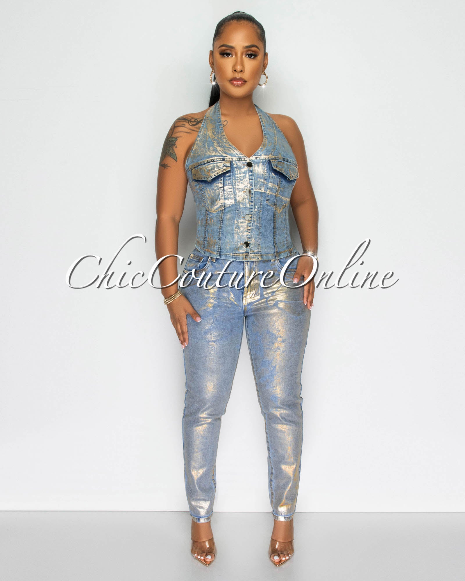 *Ralph Blue Gold Foil Denim Halter Top