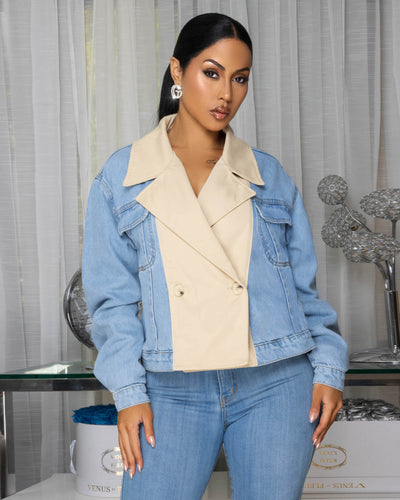 Eudora Blue Denim Nude Color-Block Jacket