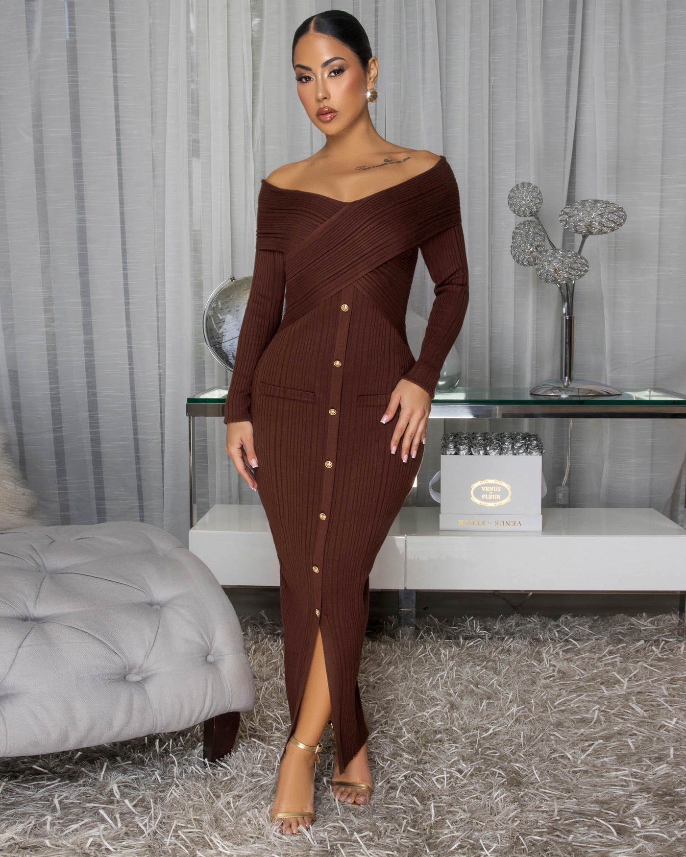Valen Chocolate Brown Ribbed Midi Dress