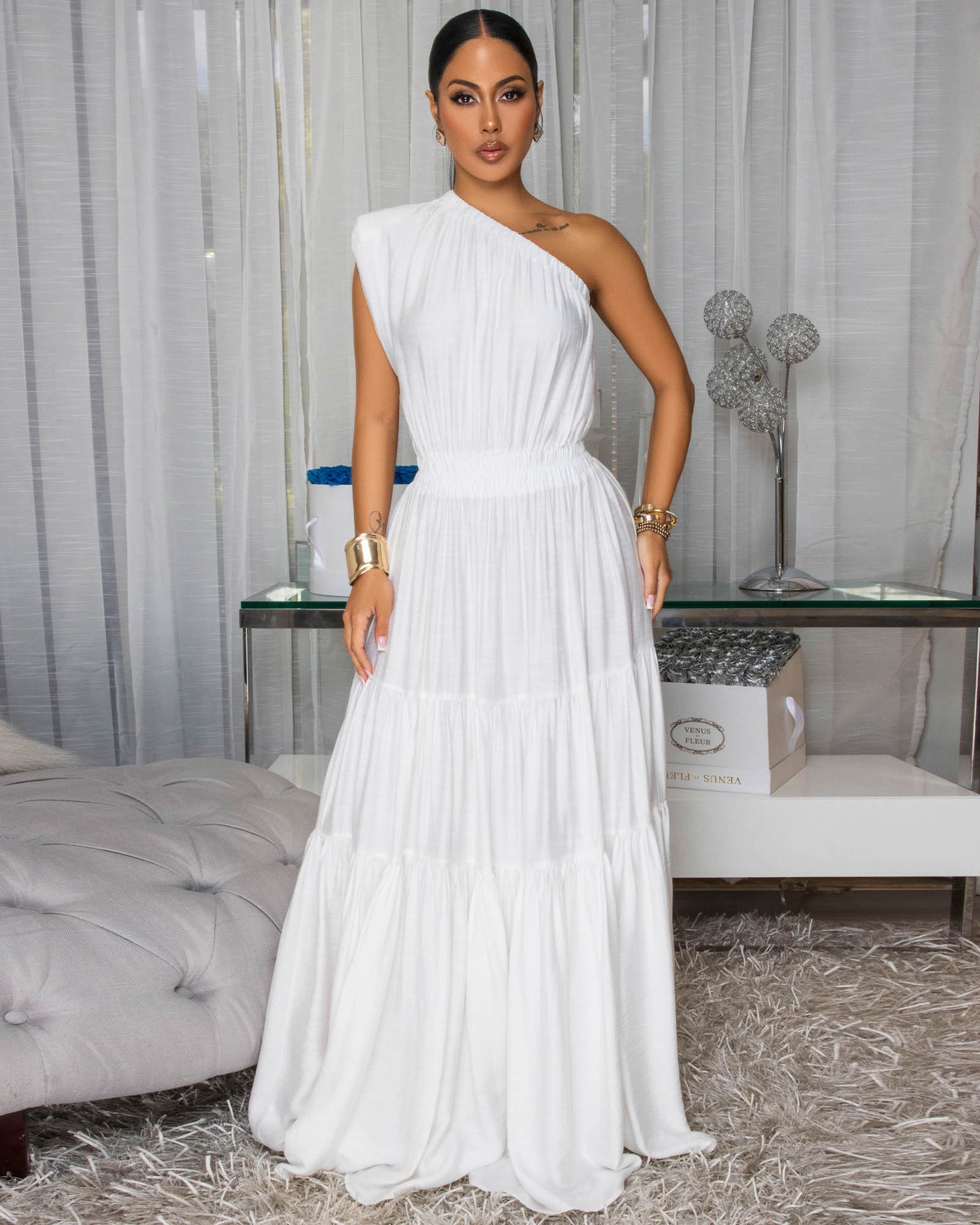 Belkys Off-White Single Shoulder Tiered Maxi Dress