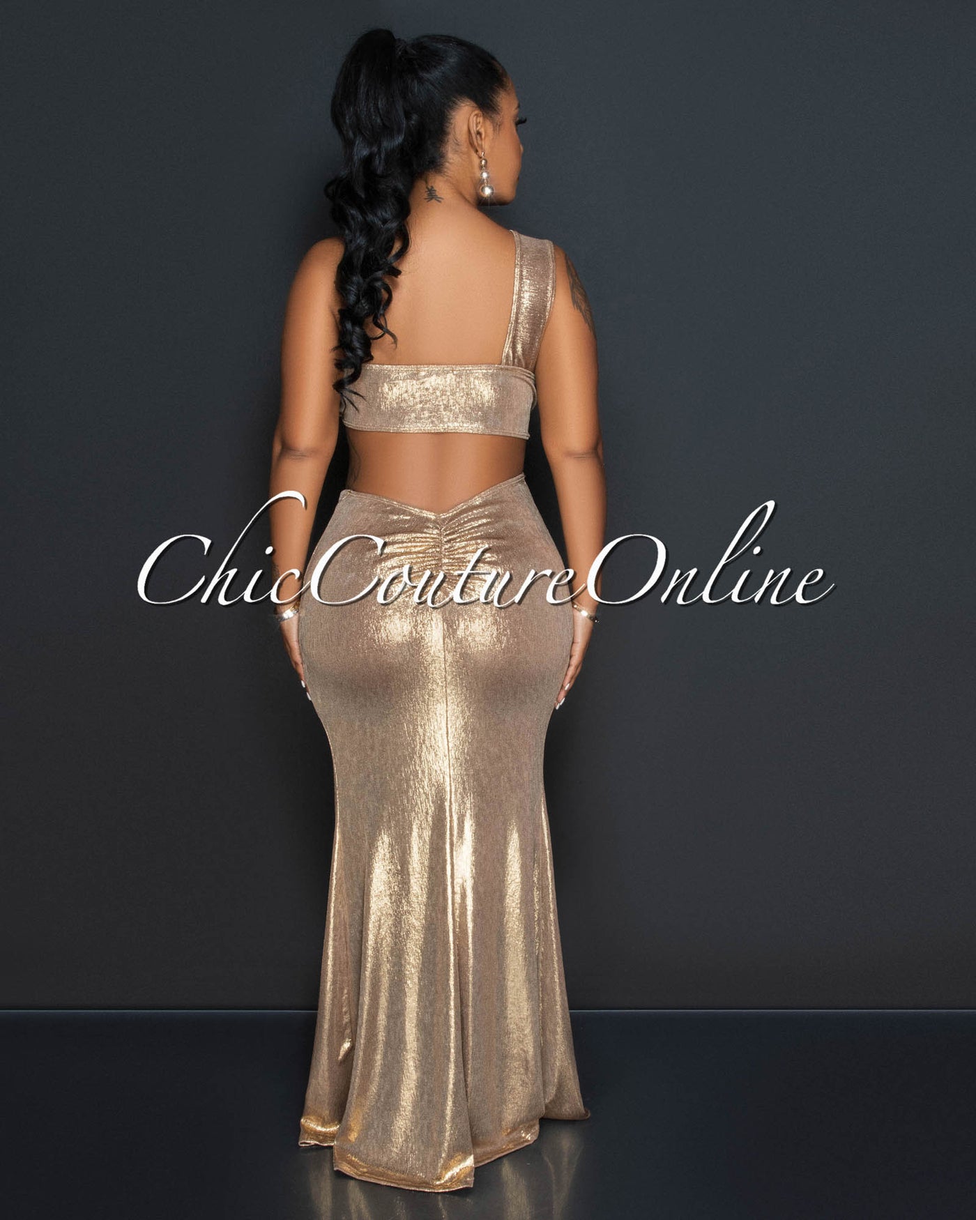 Tiara Gold Shimmer Sigle Shoulder Cut-Out Maxi Dress