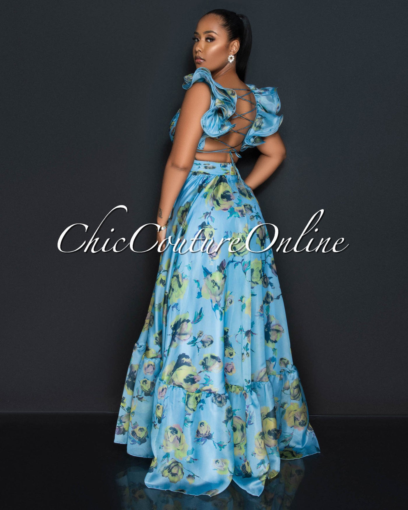 Anderson Blue Floral Print Drape Ruffle Maxi Dress