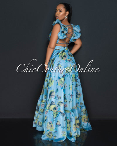 Anderson Blue Floral Print Drape Ruffle Maxi Dress (5/24)