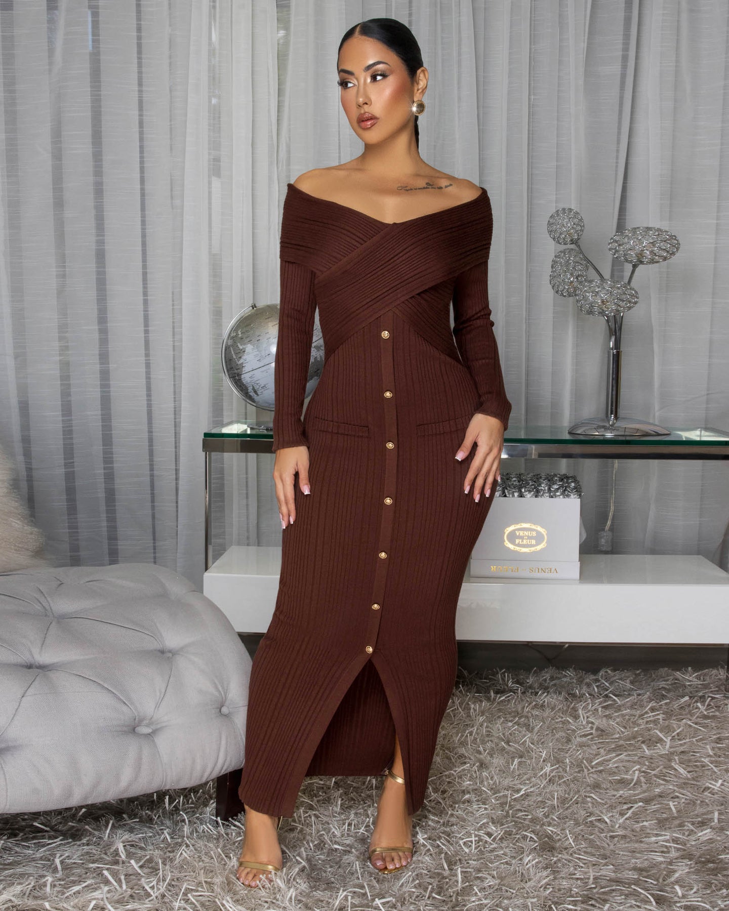 Valen Chocolate Brown Ribbed Midi Dress