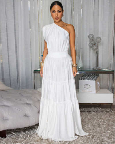 Belkys Off-White Single Shoulder Tiered Maxi Dress