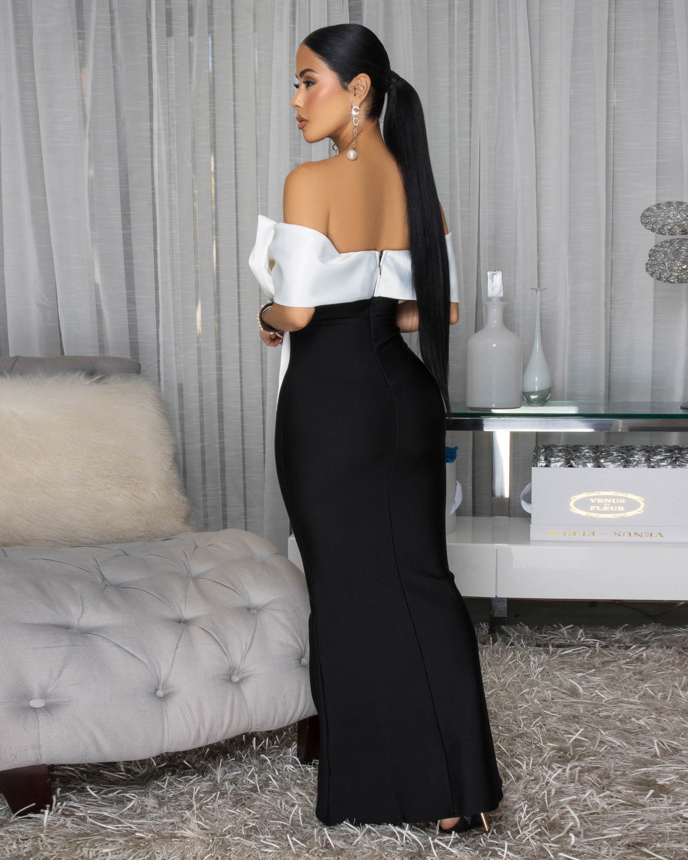 black and white bandage dress Liyah Black White Over-Sized Bow Maxi Bandage Dress – Chic Couture Online