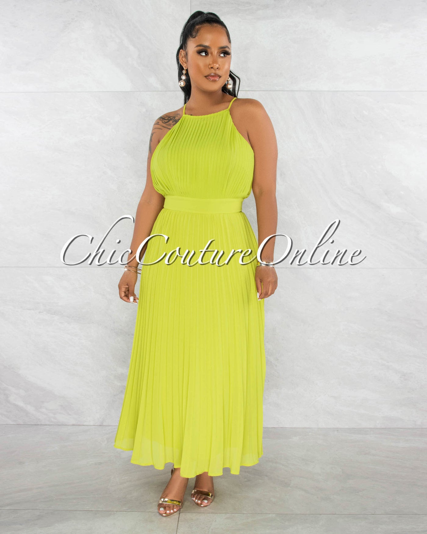 Yedda Lime Green Pleated Maxi Dress