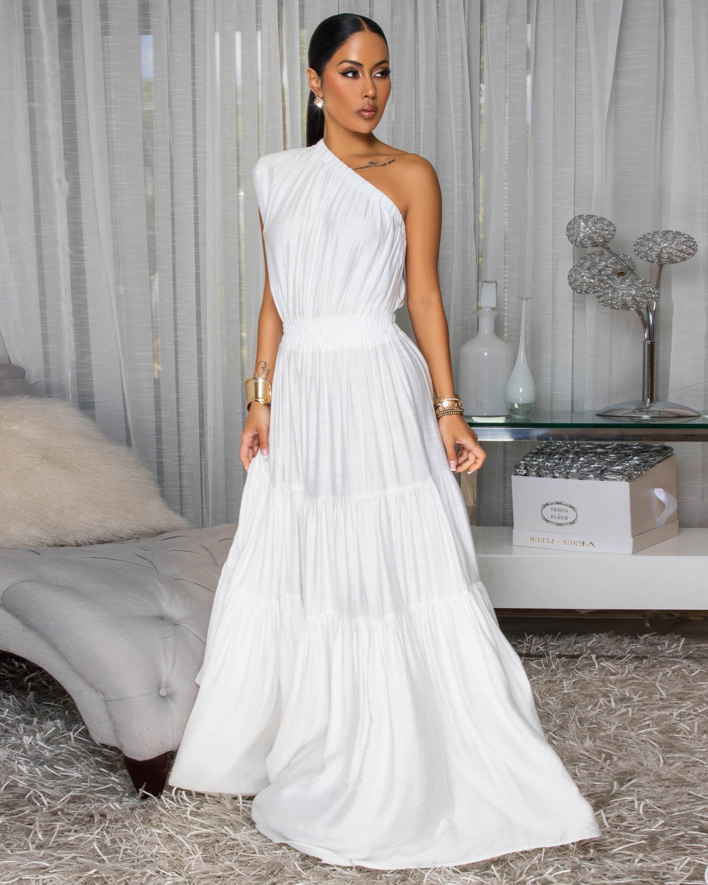Belkys Off-White Single Shoulder Tiered Maxi Dress