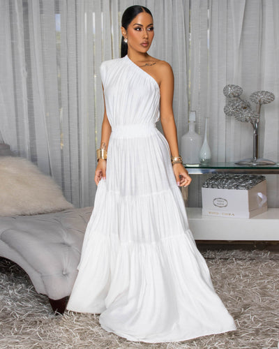 Belkys Off-White Single Shoulder Tiered Maxi Dress