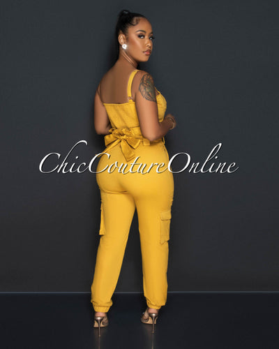 Vadda Mustard PaperBag Waistband Cargo Jumpsuit