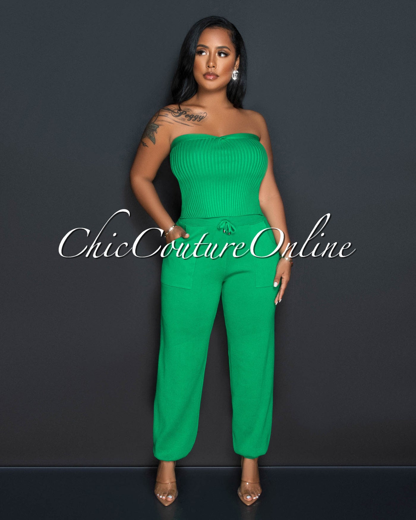 Odeth Green Strapless Crop Top & Knit Joggers Set