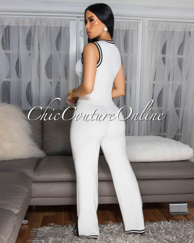 Annika Off-White Black Trim Knit Pants Set