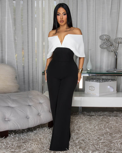 Eliselle Off-White Black Off-The-Shoulder Jumpsuit