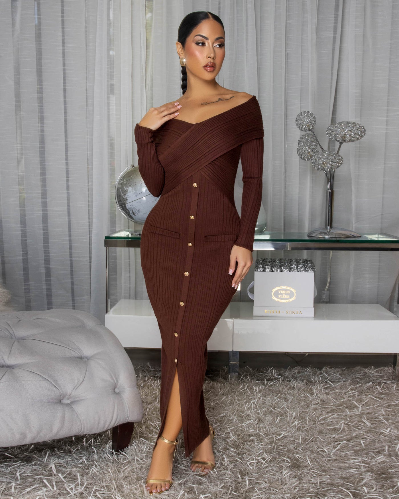Valen Chocolate Brown Ribbed Midi Dress