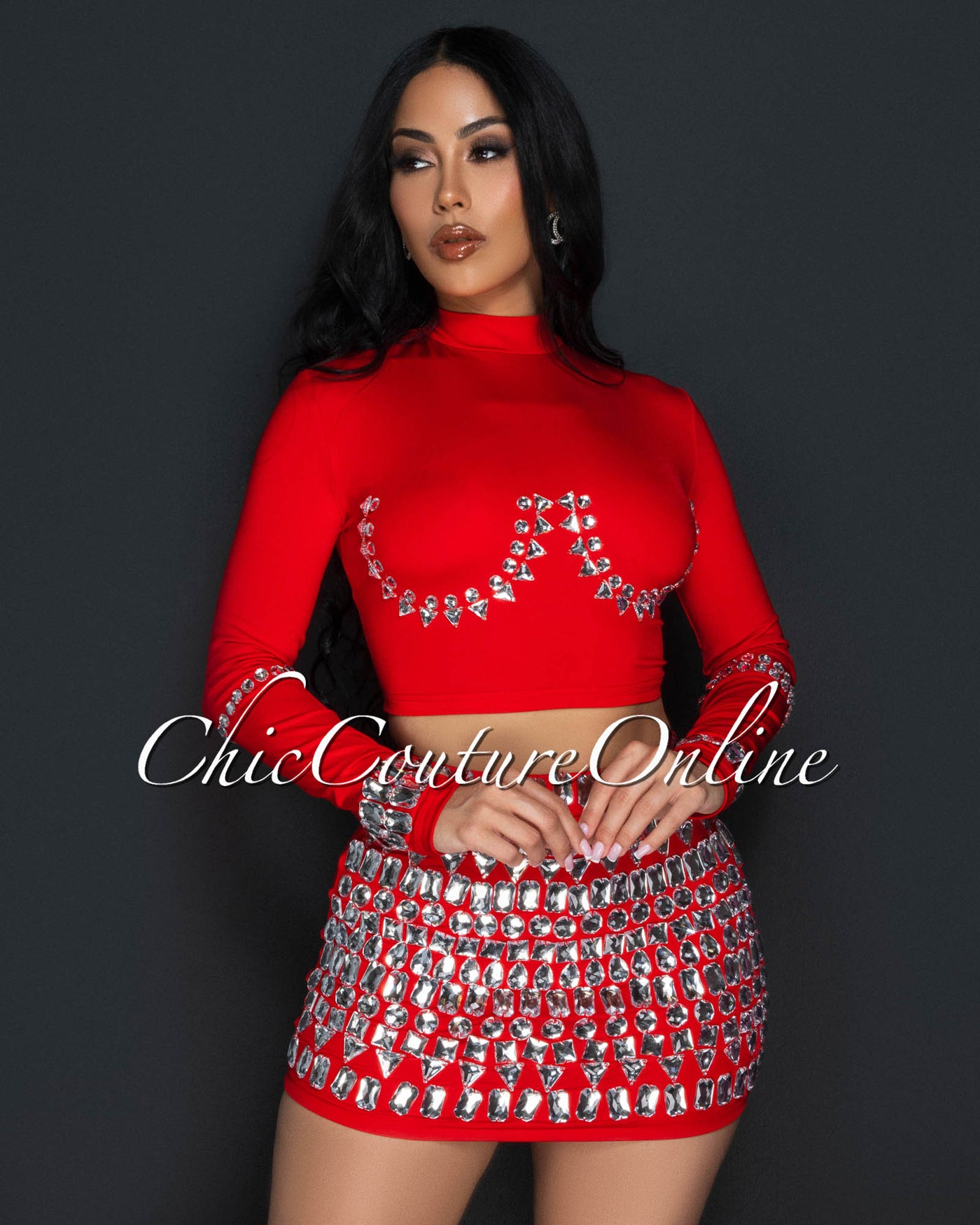 Birka Red Rhinestones Crop Top & Mini Skirt Set