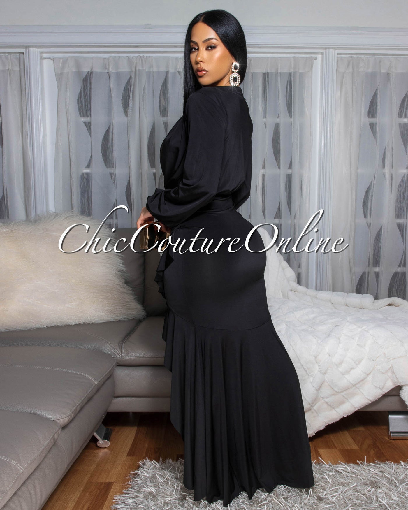 Florette Black Ruffle Maxi Dress