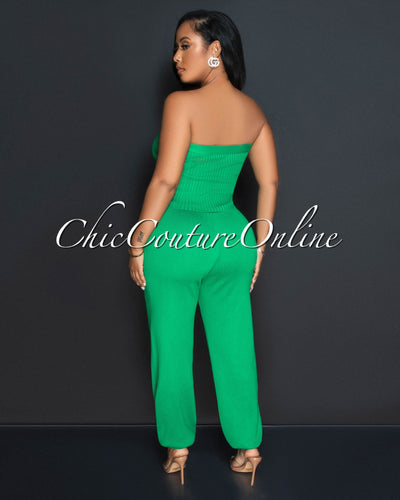 Odeth Green Strapless Crop Top & Knit Joggers Set