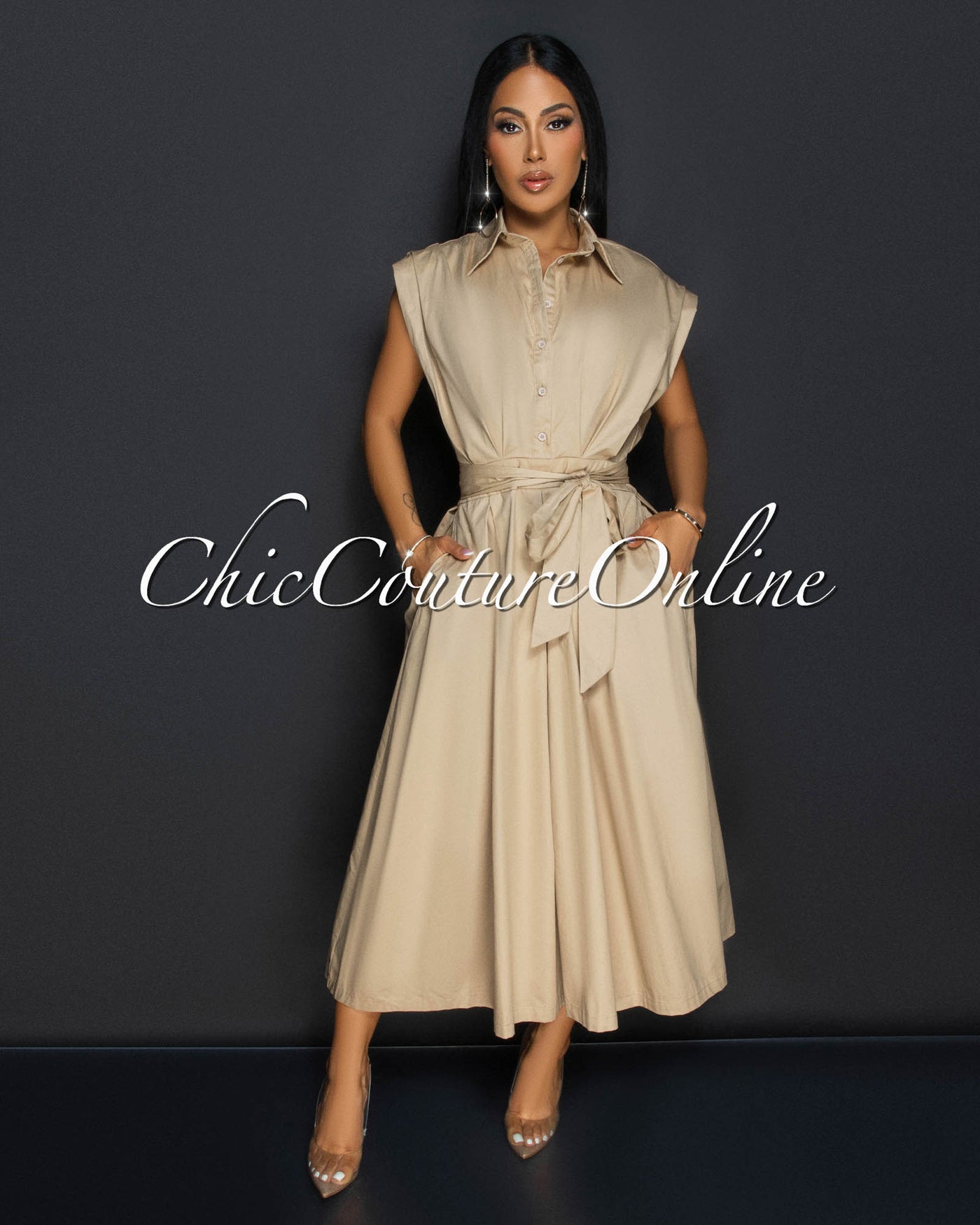 Ginevra Khaki Belted Midi Dress