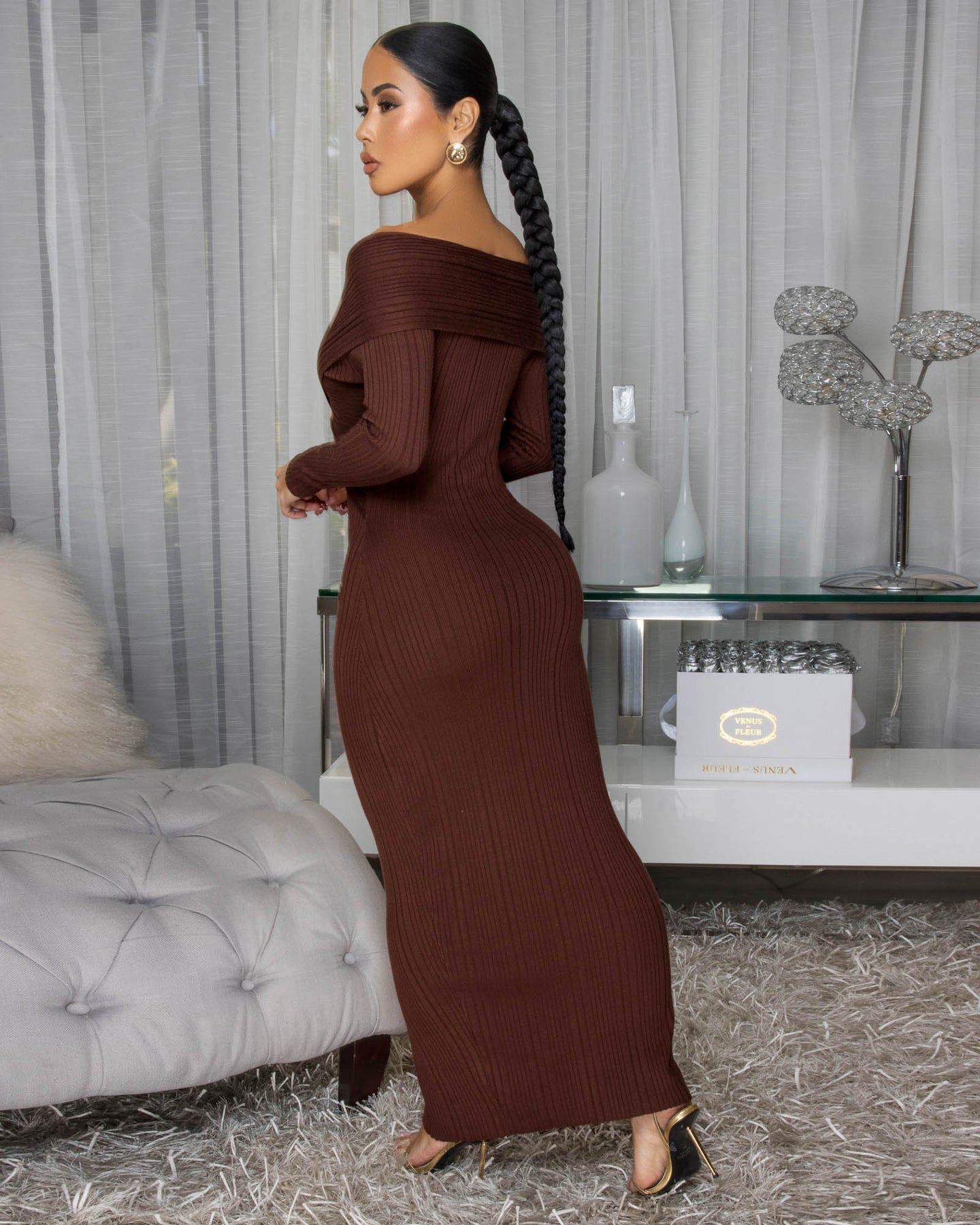 Valen Chocolate Brown Ribbed Midi Dress