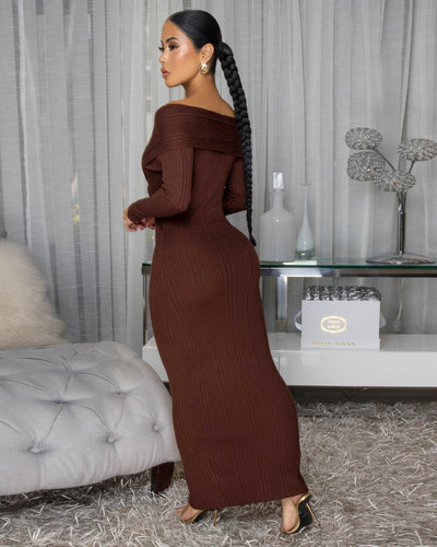 Valen Chocolate Brown Ribbed Midi Dress