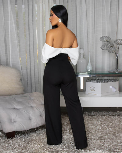 Eliselle Off-White Black Off-The-Shoulder Jumpsuit