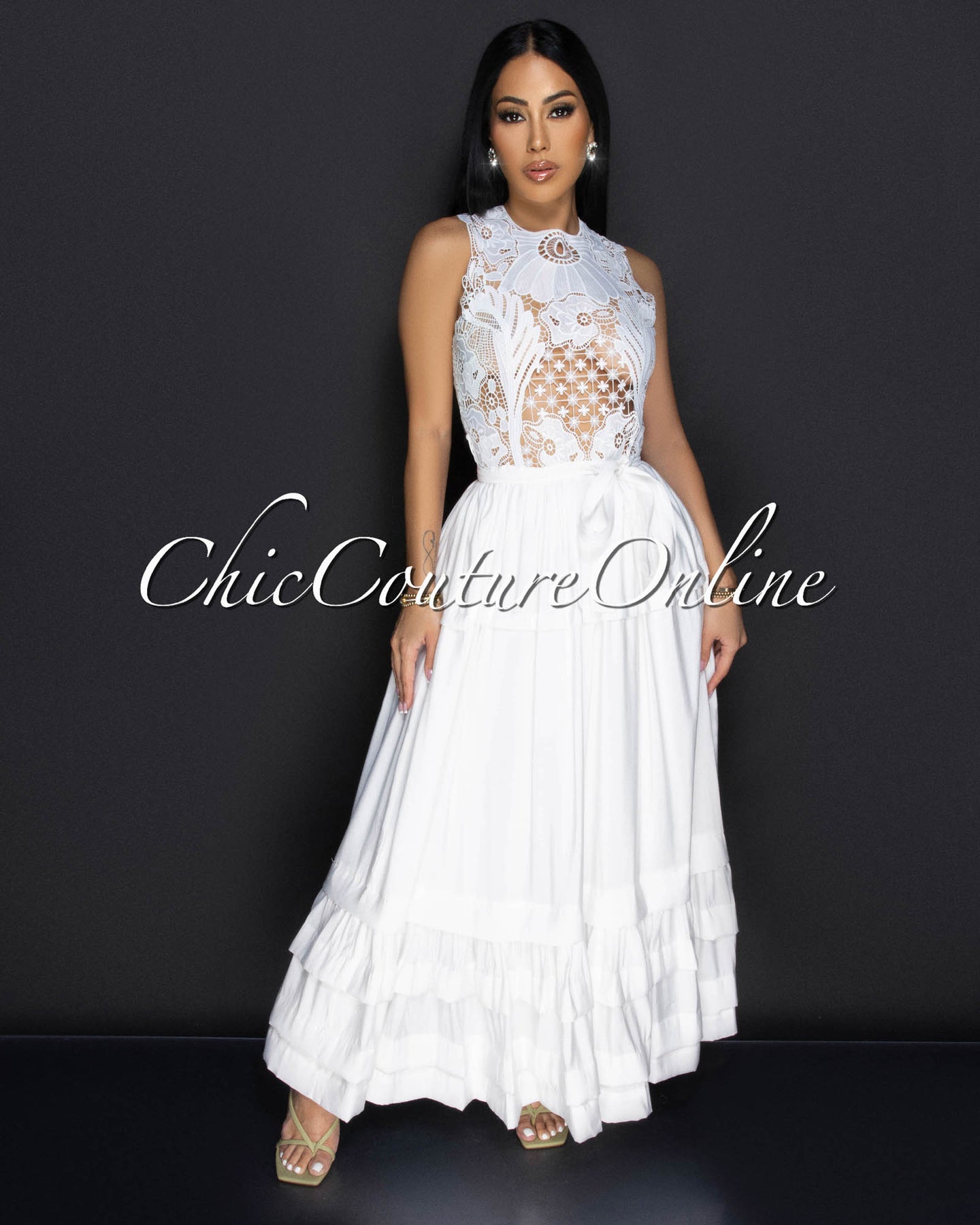 Norine White Lace Ruffle Maxi Dress
