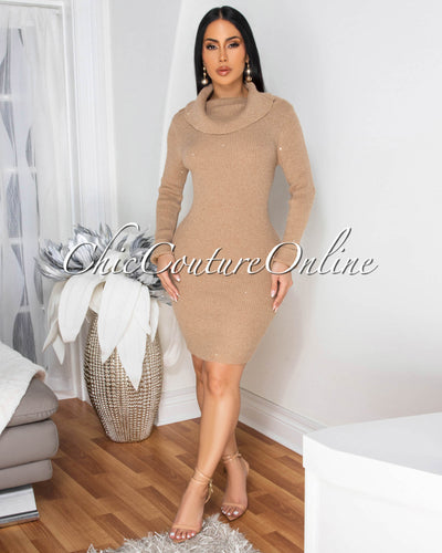 Marselle Mocha Gold Shimmer Knit Sweater Dress