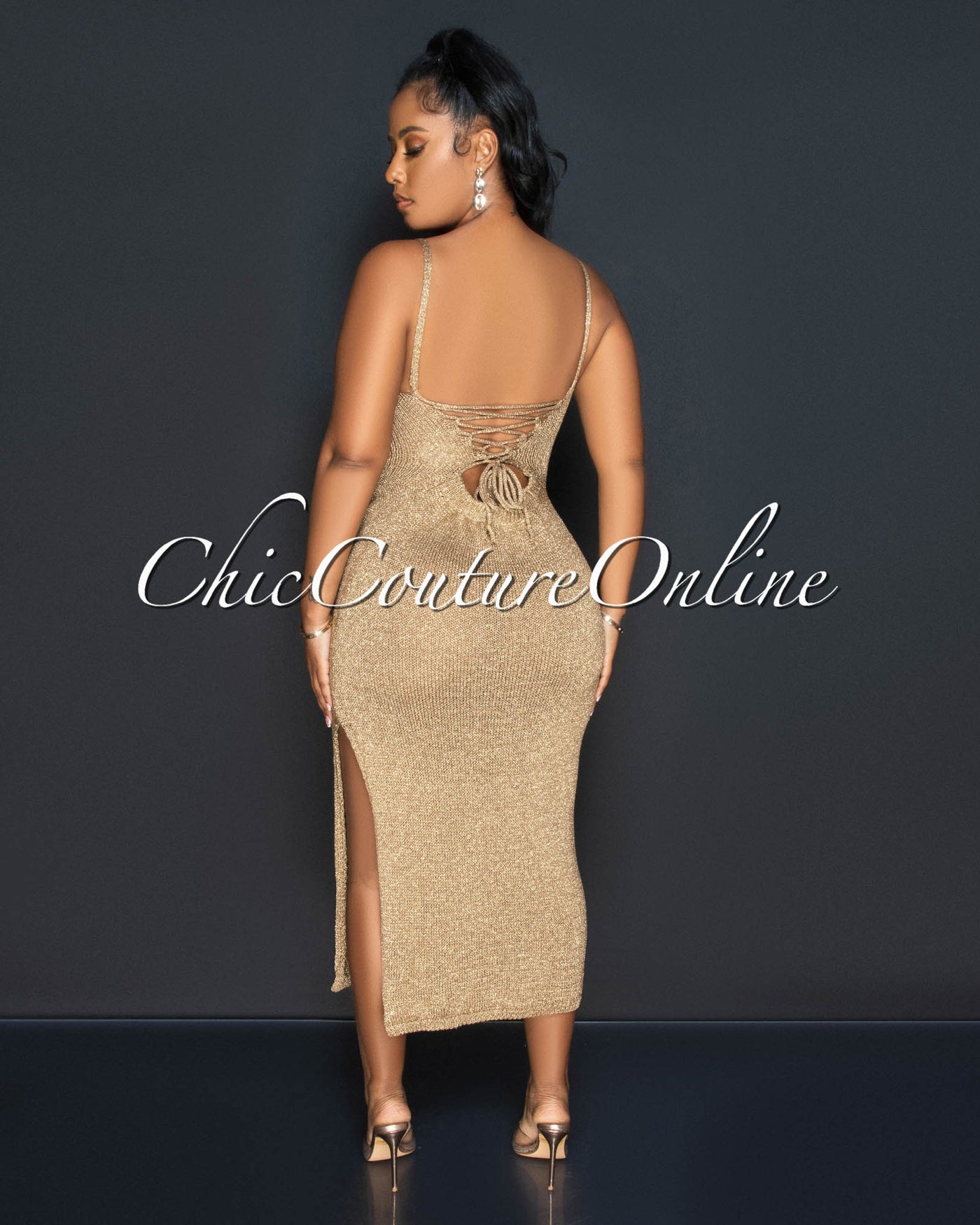 Deany Gold Shimmer Lace-Up Back Crochet Maxi Dress