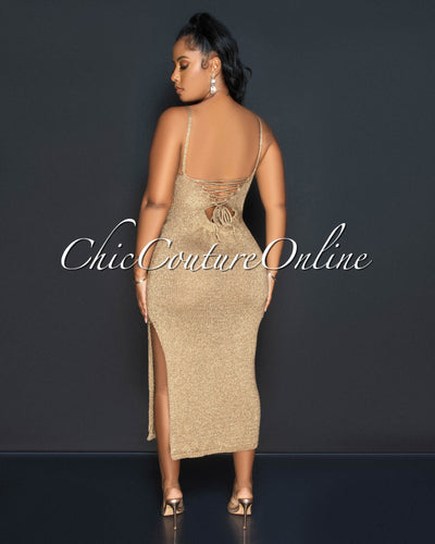 Deany Gold Shimmer Lace-Up Back Crochet Maxi Dress